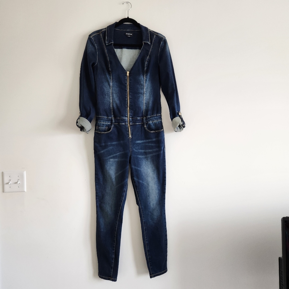 Bebe Dark Wash Blue Jumpsuit with Zip-Up Front, Long or 3/4 Sleeve, Size 29